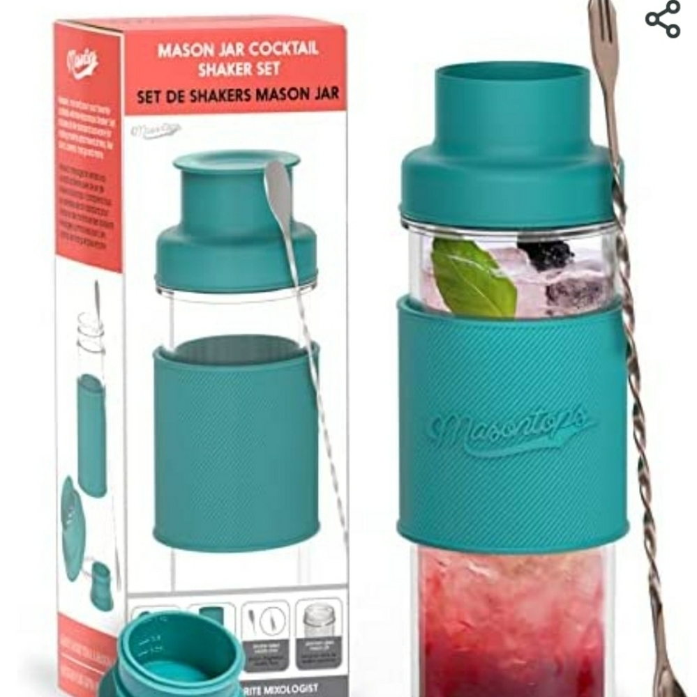 Masontops Cocktail Shaker Set – Glass Mason Jar Shaker–4PCw/ Metal swizzle stick